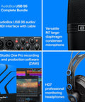 USB Audio Interface 2x2 Bundle With Studio One Pro For PC And Mac 24 Bit 96 KHz Recording Complete Home Studio Pack highlighting interface, microphone, software, headphones.