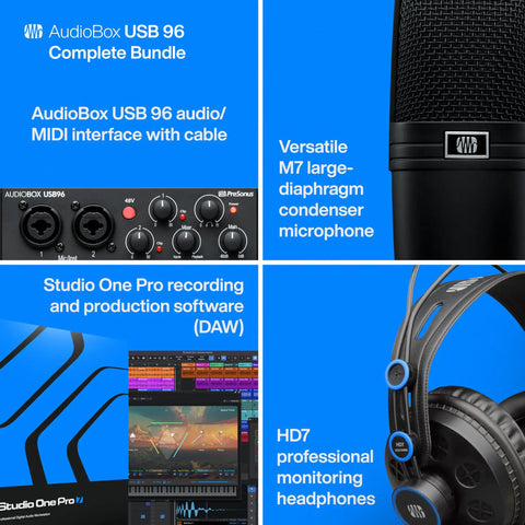 USB Audio Interface 2x2 Bundle With Studio One Pro For PC And Mac 24 Bit 96 KHz Recording Complete Home Studio Pack highlighting interface, microphone, software, headphones.