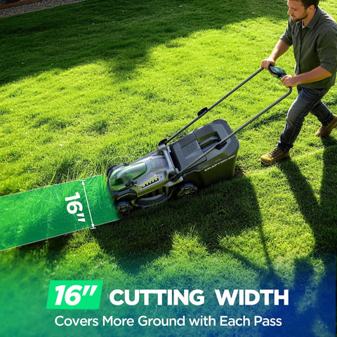 16 Inch Cordless Lawn Mower With Brushless 40V Power Dual 5Ah Batteries And Charger 2 In 1 Mulching And Bagging Easy 6 Position Height Adjustment Perfect For Small To Medium Yards Gas Like Power With No Fumes, man mowing grass