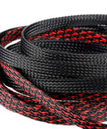 Close-up of 96ft braided cable sleeve kit with 6 expandable sleeves and 127 heat shrink tubes for audio video cables, black and red, PET material.