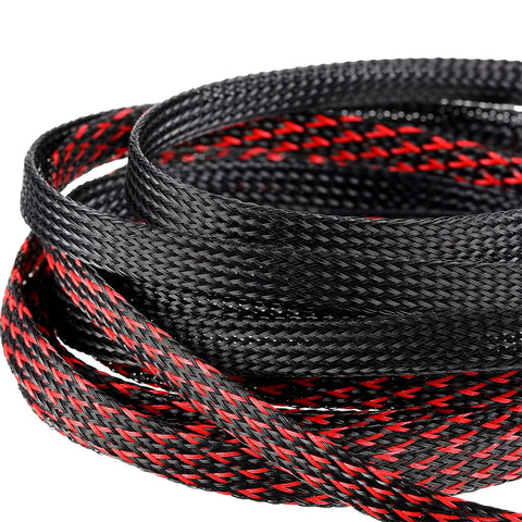 Close-up of 96ft braided cable sleeve kit with 6 expandable sleeves and 127 heat shrink tubes for audio video cables, black and red, PET material.