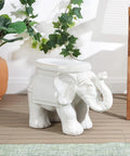 White Elephant Ceramic Garden Stool 14.25 Inch Glazed Elephant Seat For Indoor Outdoor Use Weather Resistant Patio Side Table And Plant Stand Boho Chic Antique White Finish displayed on a patio