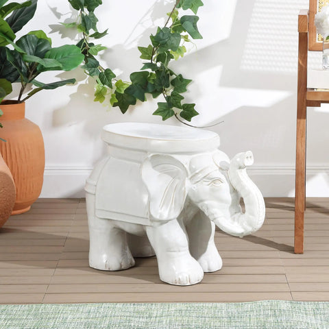 White Elephant Ceramic Garden Stool 14.25 Inch Glazed Elephant Seat For Indoor Outdoor Use Weather Resistant Patio Side Table And Plant Stand Boho Chic Antique White Finish displayed on a patio