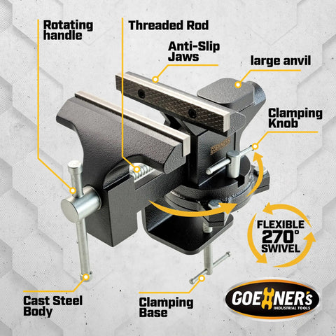 Beefy 6 Inch Bench Vise With Built In Pipe Jaw And Swivel Base Heavy Duty Forged Steel Construction For Woodworking Home Shop And DIY Projects Jaws Up To 4.3 Inches 2200 Lbs Clamping Force cast steel body with 270° swivel