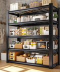 72 Inch Beefy Heavy Duty Garage Shelving Unit With Adjustable Metal Shelves For Basement Storage, Ultra Strong Steel Frame, Reinforced Uprights, Easy Assembly, Crazy High Load Capacity For Tools And Gear. Black steel shelving loaded with kitchen storage bins.