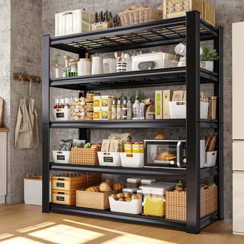 72 Inch Beefy Heavy Duty Garage Shelving Unit With Adjustable Metal Shelves For Basement Storage, Ultra Strong Steel Frame, Reinforced Uprights, Easy Assembly, Crazy High Load Capacity For Tools And Gear. Black steel shelving loaded with kitchen storage bins.