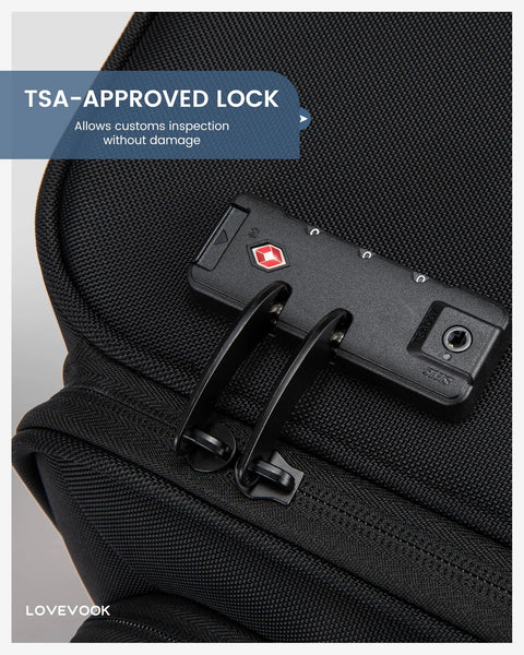 Close-up of TSA lock on Lightweight Softside Carry On Luggage With 22x9x14 Inches Cabin Size, Spinner Wheels, Airline Approved Travel Case.