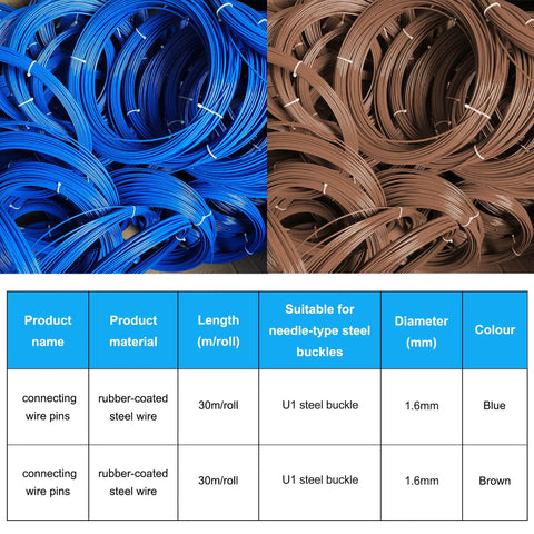 100FT 1.6MM Stainless Steel Conveyor Belt Threading Pins With Durable Rubber Coating For U1 Systems, Hinge Connector Wire Pins in blue and brown.