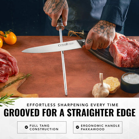12 Inch Honing Rod Sharpening Steel for Kitchen Knives Realign Edge Fast and Easy for Home Cooks and Pros with Non Slip PakkaWood Handle and Durable Build for Everyday Kitchen Use, honing knife