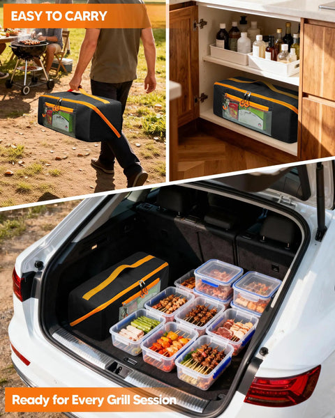 Person carrying 22 Inch Grill Tool Storage Bag With Dual Inner Compartments All In One Carryall For Grill Utensils Griddle And Barbecue Tools Black Heavy Duty 600D Polyester Water Resistant with barbecue items in a car trunk and storage cabinet.