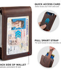 Slim RFID Blocking Bifold Wallet For Men With Money Clip, Genuine Leather, Texas Brown, showing ID slot and card access.