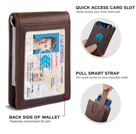 Slim RFID Blocking Bifold Wallet For Men With Money Clip, Genuine Leather, Texas Brown, showing ID slot and card access.