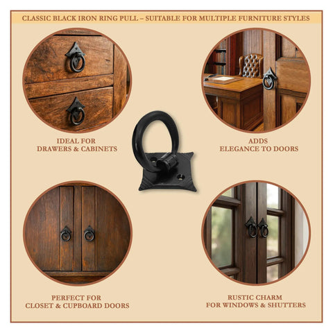 Mystic Colonial Cast Iron Ring Pull Handles With Screw Blackened Hammered Finish Antique Cabinet Hardware for drawers and doors