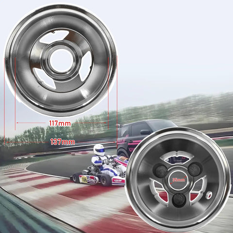 5 Inch Aluminum Front Wheel Rim Replacement For Go Karts UTVs Dirt Bikes ATVs And Quad Bikes With Ten By Four Point Five By Five Tire Bearing Model Easy Install Durable Heavy Duty Hub image showing two views, detail, and dimensions.