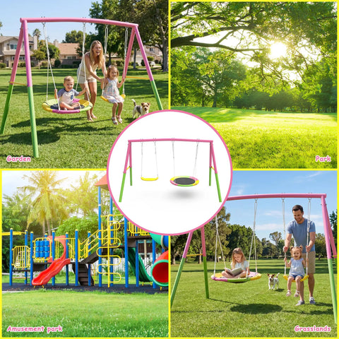 Children enjoying Heavy Duty Backyard Swing Set With Stand For Indoor Outdoor Fun 440 Lb Capacity with 32 Inch Saucer Swing in park.