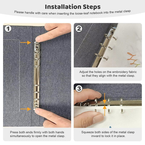 Hands installing pages in Beginner's Embroidery Stitch Book Kit With 138 Patterns, Portable Loose Leaf Practice Pages, Embroidery Hoop, 87 Tools, Dope Starter DIY Craft Kit For Adults.