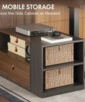 Mobile storage side cabinet featuring woven baskets, perfect for the Electric Height Adjustable L Shaped Standing Desk With Massive Storage Cabinet And Open Shelving In Rich Black Walnut Finish.