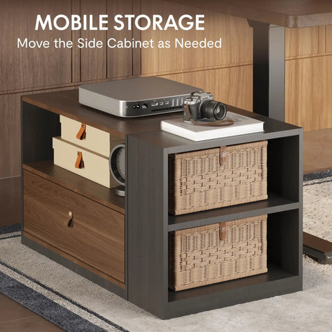 Mobile storage side cabinet featuring woven baskets, perfect for the Electric Height Adjustable L Shaped Standing Desk With Massive Storage Cabinet And Open Shelving In Rich Black Walnut Finish.