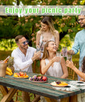 Picnic Table Cover With Bench Covers Set For 72x30 Inch Table And 72x12 Inch Benches, Elastic Waterproof Fitted Tablecloth In Wood Grain Pattern with friends enjoying picnic outdoors