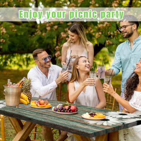 Picnic Table Cover With Bench Covers Set For 72x30 Inch Table And 72x12 Inch Benches, Elastic Waterproof Fitted Tablecloth In Wood Grain Pattern with friends enjoying picnic outdoors