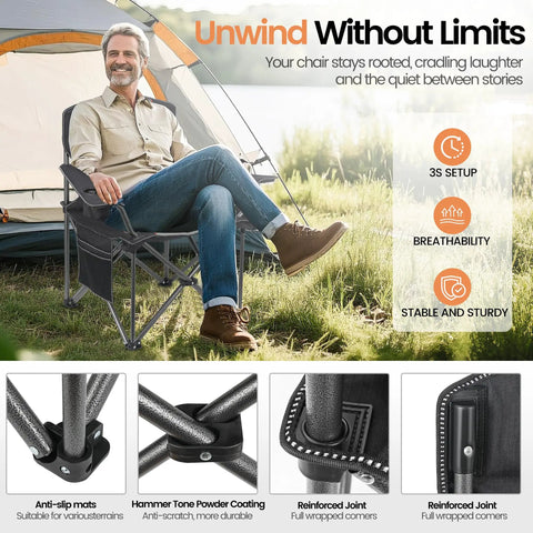 Two Pack Heavy Duty Oversized Camping Chairs For Adults Up To 400 Lb Capacity with man sitting by tent