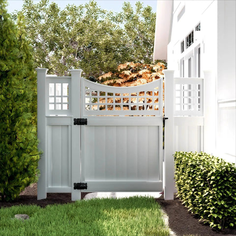 Heavy Duty 304 Stainless Steel Self Locking Gate Latch Hardware Two Sets With Top Notch Frosted Black Finish on a white fence gate.