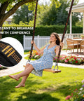 Woman on swing using Two Pack Hammock Straps With Carabiners, 13 Feet Total Length, 7 Adjustable Loops, in backyard