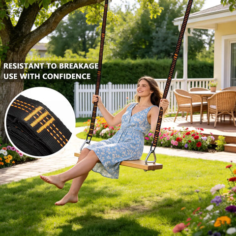 Woman on swing using Two Pack Hammock Straps With Carabiners, 13 Feet Total Length, 7 Adjustable Loops, in backyard