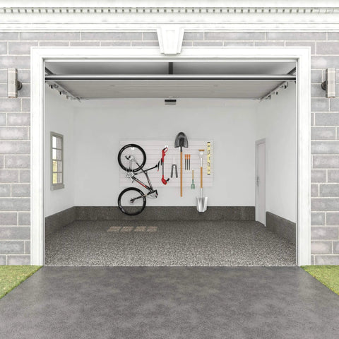 Heavy Duty PVC Slatwall Garage Organizer System 8 Ft By 4 Ft White Panels for a no-fuss 32 sq ft setup shown in installed view