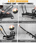 Heavy Duty Folding Hand Truck With Four Wheel Mode And Two In One Collapsible Push Cart shown in 4-step conversion process