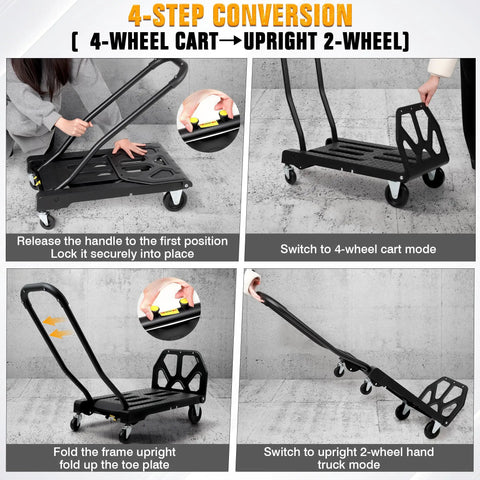 Heavy Duty Folding Hand Truck With Four Wheel Mode And Two In One Collapsible Push Cart shown in 4-step conversion process