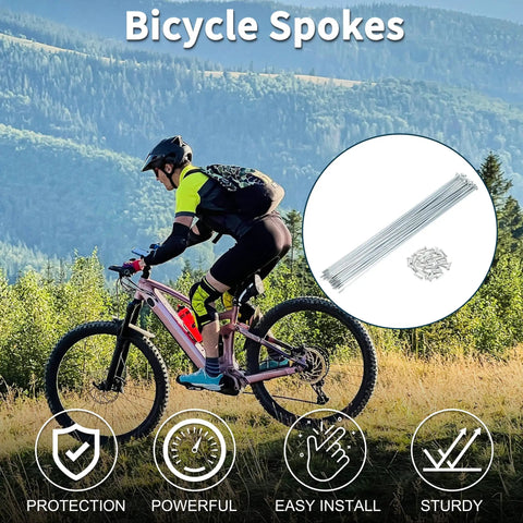 Bike Wheel Spokes Set, 14G, 265mm Length, Carbon Steel Galvanized With Silver Tone Nipples, 1 Pack for mountain biking.