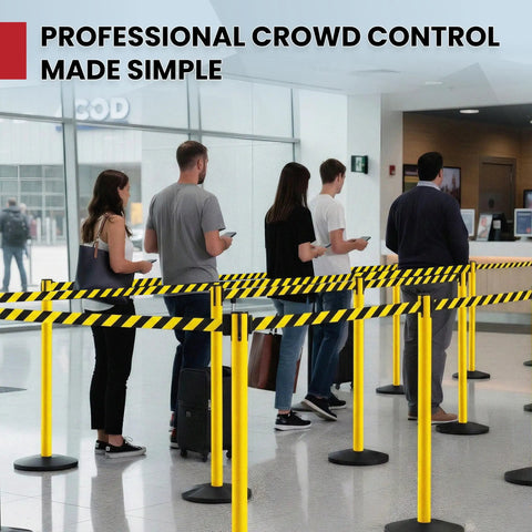 Two Pack Stanchion Belt Barrier Set With 11 Foot Retractable Belts Black And Yellow Posts 40 Inch High Heavy Duty Concrete Base