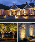 Outdoor Low Voltage Landscape Lighting Kit With 8 Lights 60W Transformer 65Ft Wire 3000K Warm White Waterproof Garden Pathway Yard Spotlight Set Easy Install Dope Night Illumination illuminating house and garden features at night.