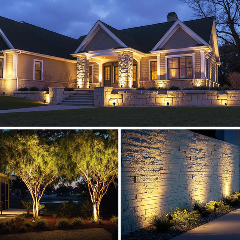 Outdoor Low Voltage Landscape Lighting Kit With 8 Lights 60W Transformer 65Ft Wire 3000K Warm White Waterproof Garden Pathway Yard Spotlight Set Easy Install Dope Night Illumination illuminating house and garden features at night.