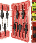 Premium Kicker 10-Piece Number Six Countersink Bit Kit showing drill bits in red case, ideal for wood projects with adjustable depth stops.