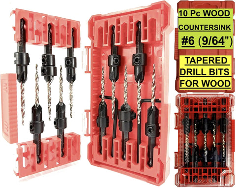 Premium Kicker 10-Piece Number Six Countersink Bit Kit showing drill bits in red case, ideal for wood projects with adjustable depth stops.