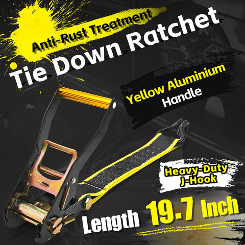 Reflective 2 Inch By 10 Foot Car Tie Down Straps 4 Pack With J Hooks and Rubber Blocks, anti-rust ratchet with yellow handle