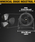 Built Tough 14 Inch Drum Fan Delivers 2300 CFM High Velocity Air graphic showing dimensions and components.