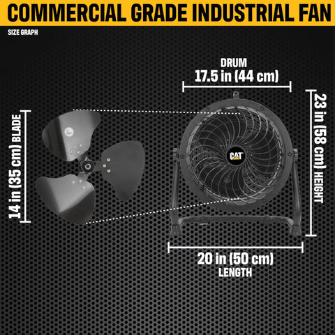 Built Tough 14 Inch Drum Fan Delivers 2300 CFM High Velocity Air graphic showing dimensions and components.