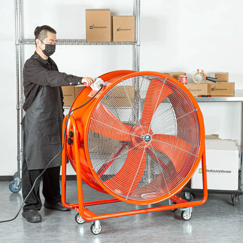 Smooth Rolling Industrial Drum Fan Cranking Out Serious Airflow To Crush Heat And Clear Smoke Quick 15000 Cfm Motor in use.