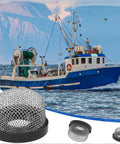 Boat at sea with 4 Pack Stainless Steel Pro-Grade Mesh Strainers 3/4 Inch 14 Female Screw On Filter in foreground
