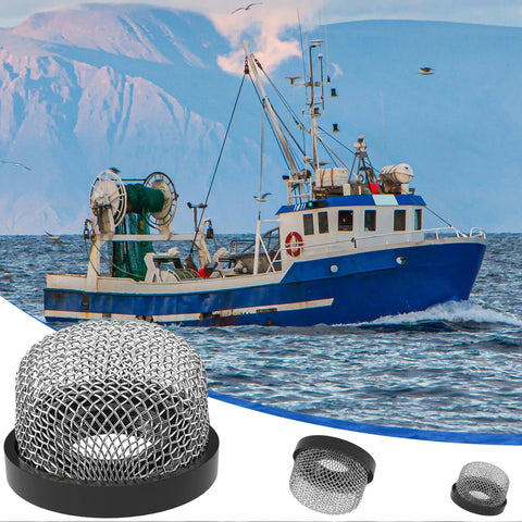 Boat at sea with 4 Pack Stainless Steel Pro-Grade Mesh Strainers 3/4 Inch 14 Female Screw On Filter in foreground