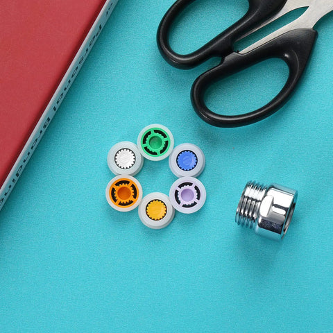 Shower Flow Reducer Set With Half Inch Valve And Six Flow Restrictors For Fixed Shower Head And Handheld Sprays, Includes 1.2, 1.5, 1.8, 2.0, 2.2 And 2.5 GPM Options For Water Saving, shown with colored rings on a turquoise background
