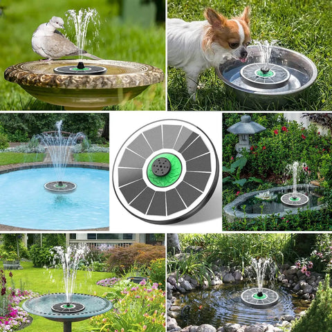 Collage of Solar Powered Glass Panel Fountain For Bird Bath No Battery Required 3.5W With Green Flower And 4 Fixed Rods And 7 Nozzles for garden use