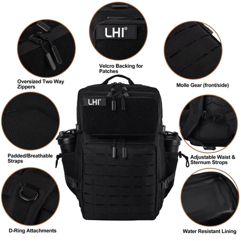 Rugged 45 Liter Tactical Military Backpack With MOLLE System For Everyday Carry And 3 Day Trips, showcasing design features.
