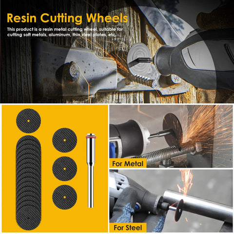 Gold Cutting Wheel Set For Rotary Tools With HSS Circular Saw Blades Resin Cutting Discs and Diamond Cutting Wheels in use on metal