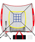 7x7 Foot Baseball Practice Net With Tee And Target For Backyard Training Large Hitting And Pitching Net With Yellow Border Target Pocket For Improved Accuracy Scratch Resistant Base Versatile For All Levels Red