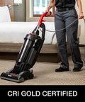 Heavy Duty Commercial Upright Vacuum Cleaner Featuring A Massive 15 Inch Wide Cleaning Path That Legit Crushes Carpet Dirt And Ground In Grime CRI Certified Beast Mode For Pro Cleaners in use on hotel carpet.