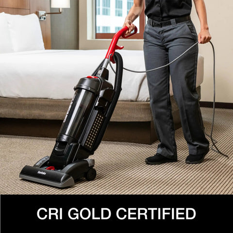 Heavy Duty Commercial Upright Vacuum Cleaner Featuring A Massive 15 Inch Wide Cleaning Path That Legit Crushes Carpet Dirt And Ground In Grime CRI Certified Beast Mode For Pro Cleaners in use on hotel carpet.